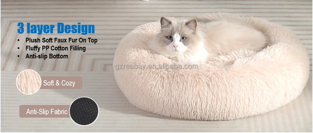 Nice Quality Drop Shipping Cute Animal Fluffy Dog Bed Premium Plush Donut Calming Bed for Pet-2