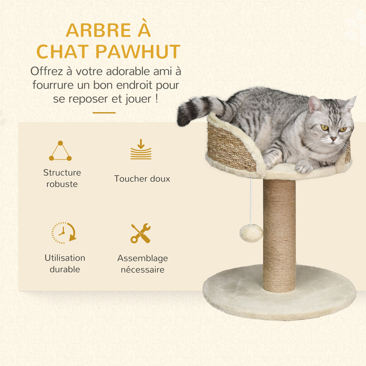 Nook Cat Tree – Plush Perch with Jute Scratching Post & Pompom – image 4