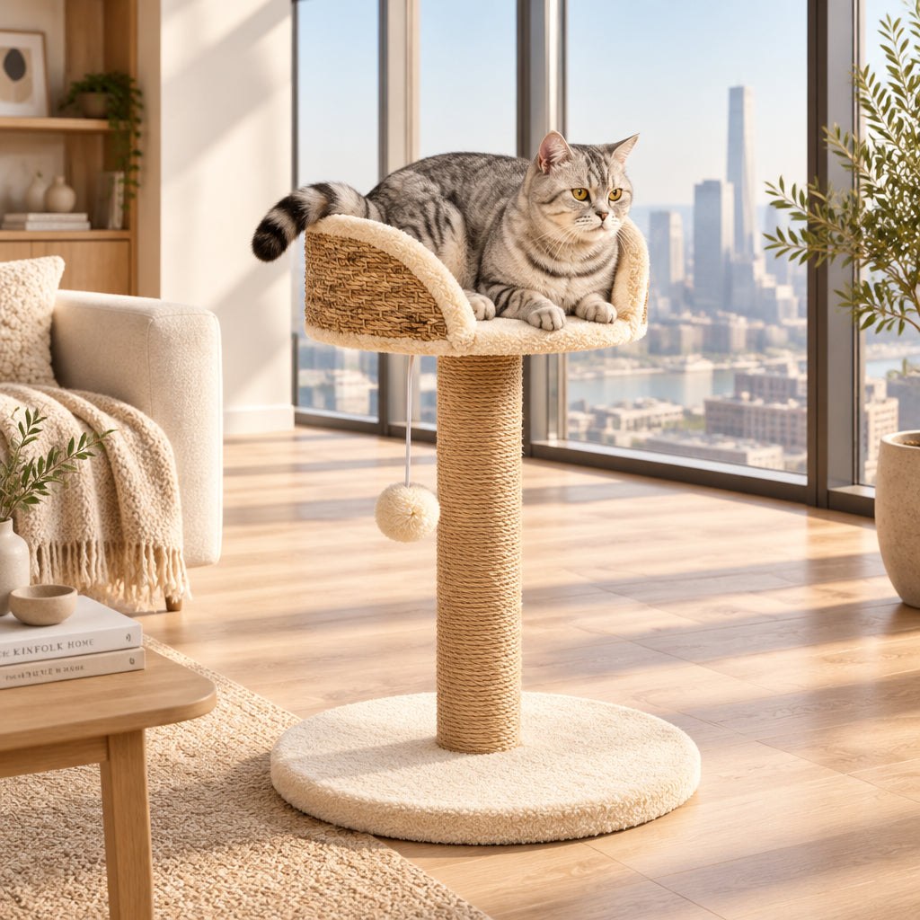 Nook Cat Tree – Plush Perch with Jute Scratching Post & Pompom – image 1