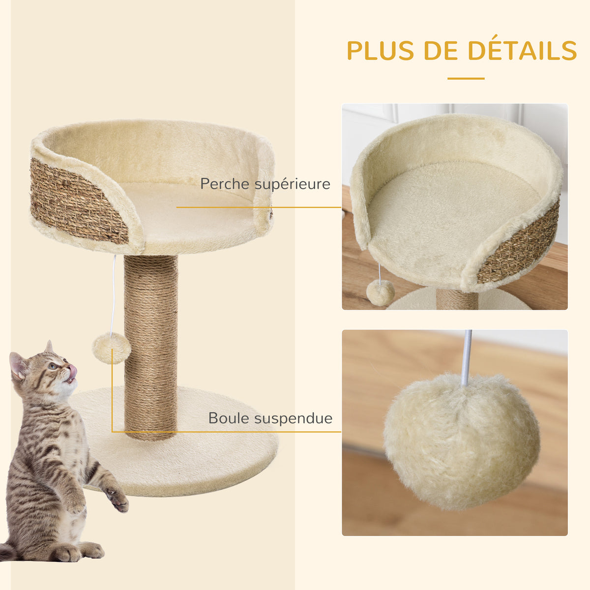Nook Cat Tree – Plush Perch with Jute Scratching Post & Pompom – image 6